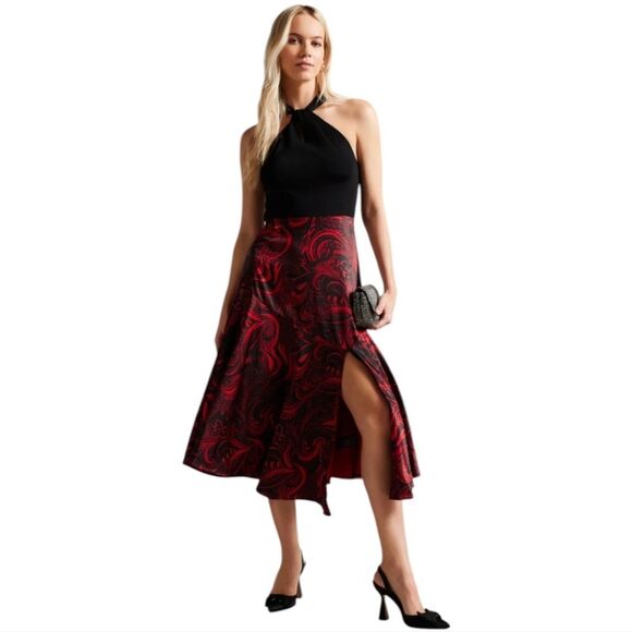 Ted Baker NWT Rosieo Mixed‎ Media Halter Midi Dress Red Black Ted Size 1 = US 2 - Picture 1 of 12